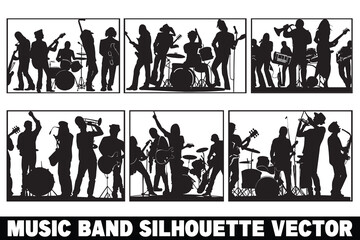 Band silhouette vector, Music group clipart, Musicians silhouette bundle, Rock band silhouettes, Drummer silhouette clipart,
Singer silhouette bundle,
Musician silhouette graphics,
Band members silhou