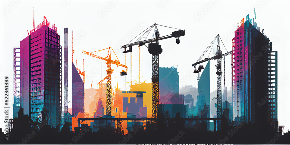 Wall mural construction site silhouette, cranes and houses isolated on white. ai generated.