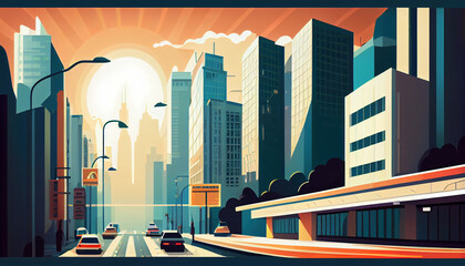 Big city street view, vector illustration style. AI generated.