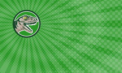 Business card showing Illustration of a raptor t-rex dinosaur lizard reptile head viewed from side set inside circle done in retro style.
