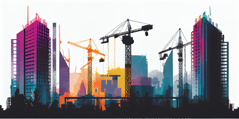 Construction site silhouette, cranes and houses isolated on white. AI generated.