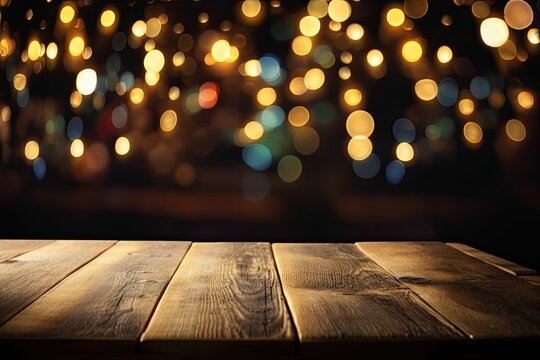 Christmas background with blurred lights and a table made of dark wood. Display mockup for a product. Generative AI