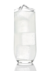 Glass of lemon lemonade with ice cubes and bubbles with reflection on white background