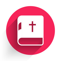 Obraz premium White Holy bible book icon isolated with long shadow. Red circle button. Vector