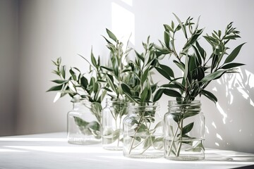 Beautiful Ruscus branches in glass jars with a white wall in the backdrop. Close up. Generative AI