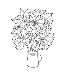Coloring page with bouquet of flowers in a vase. Vector illustration. for kids and adults.
