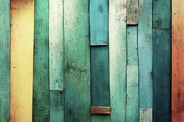 Interesting visually engaging textured background made up old, uneven boards a variety of green colors and shades. Surface of the boards appears worn and weathered, with visible cracks and natural