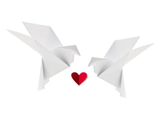 Couple white loving dove of origami with red heart, isolated background