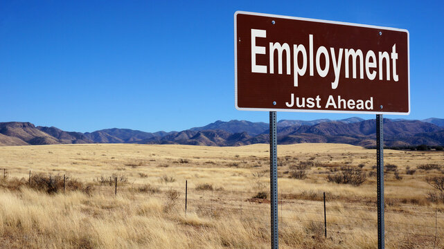 Employment road sign with blue sky and wilderness