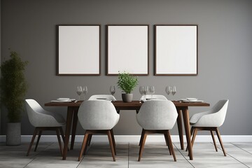 The interior of a modern Scandinavian-style dining room with empty frames on the wall