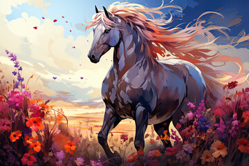 Fototapeta na wymiar Envision a mythical floral horse with a mane composed of shimmering crystals and iridescent gemstones, reflecting a rainbow of colors, Generative Ai