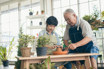 Grandfather gardening and teaching grandson take care  plant indoors