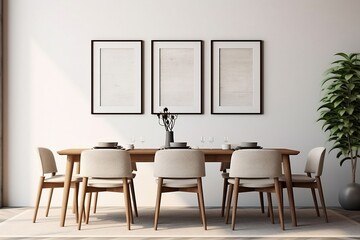 The interior of a modern Scandinavian-style dining room with empty frames on the wall