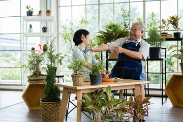 Grandfather gardening and teaching grandson take care  plant indoors