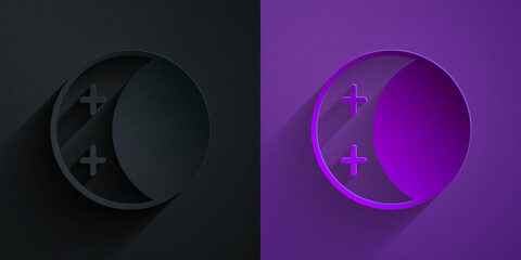 Paper cut Eclipse of the sun icon isolated on black on purple background. Total sonar eclipse. Paper art style. Vector
