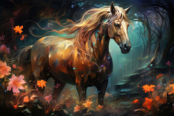 Naklejka na ściany i meble Envision a mythical floral horse with a mane composed of shimmering crystals and iridescent gemstones, reflecting a rainbow of colors, Generative Ai