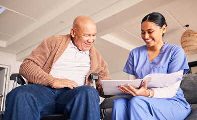 Old man, wheelchair or caregiver reading documents, history or healthcare documents at nursing...