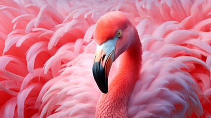 Fototapeta premium Exquisite Feathers in a Dance of Light, Close Up of a Pink Flamingo Under Backlight, Nature's Golden Ratio.