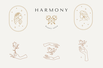 Abstract logo template with images of girls, flowers and arches. Modern minimal set of linear icons and emblems for social media, accommodation rental and travel services.