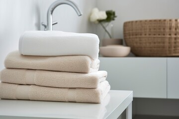 the world's softest towels against a minimalistic background. Stacked white towels sit on top of a soap dish in a bathroom. AI Generative
