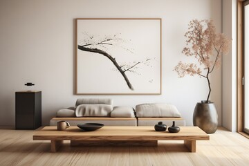 Minimalist living room with a simple wooden Japanese style