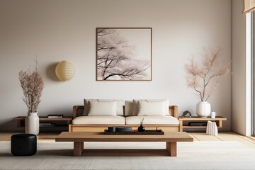 Minimalist living room with a simple wooden Japanese style