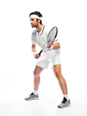Tennis player with racket. Man athlete playing isolated on white background.