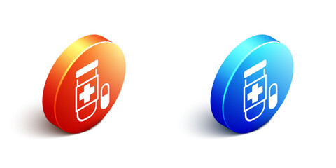 Isometric Antidote icon isolated on white background. Orange and blue circle button. Vector
