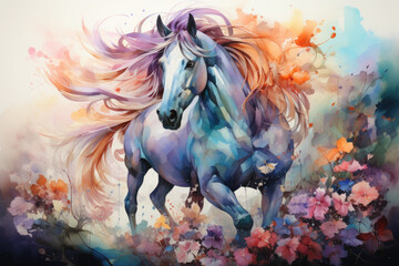Obraz na płótnie Canvas Envision an elegant floral horse with a mane and tail adorned with vibrant sunflowers and daisies, Generative Ai