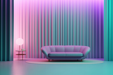 Fototapeta na wymiar Generative AI: Neon background with stage inside empty room