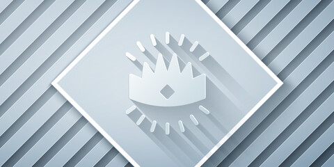 Paper cut King crown icon isolated on grey background. Paper art style. Vector