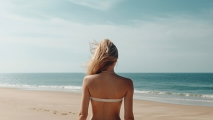 Fototapeta na wymiar Beautiful young woman on a sandy tropical sea beach, view from the back. Generative AI