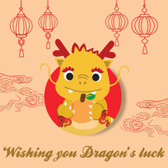 Chinese New Year 2024, the year of the Dragon, red and gold line art characters, simple hand-drawn Asian elements with craft (Chinese translation: Happy Chinese New Year 2024, year of the Dragon)