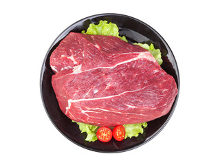 Fresh piece of raw beef on plate isolated on white background.
