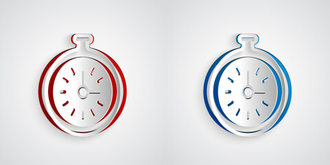 Paper cut Pocket watch icon isolated on grey background. Paper art style. Vector