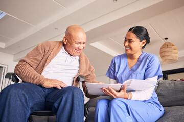 Old man, wheelchair or caregiver reading medical records, history or healthcare documents at...