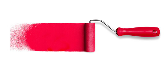 Roller paint tool with long red paint track stroke isolated on white - obrazy, fototapety, plakaty