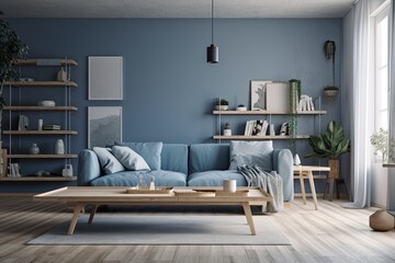 blue living room with gray sofa and ramp, flower, table, and bookshelf. Generative AI