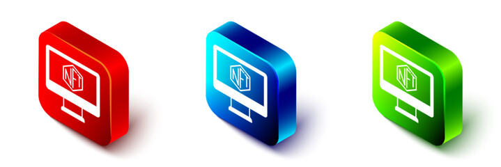 Isometric Monitor with art store app icon isolated on white background. Technology of selling NFT tokens for cryptocurrency. Non fungible token concept. Red, blue and green square button. Vector
