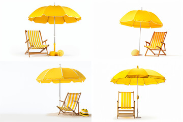 Obraz na płótnie Canvas Chaise lounge and yellow umbrella isolated on white. AI generated.