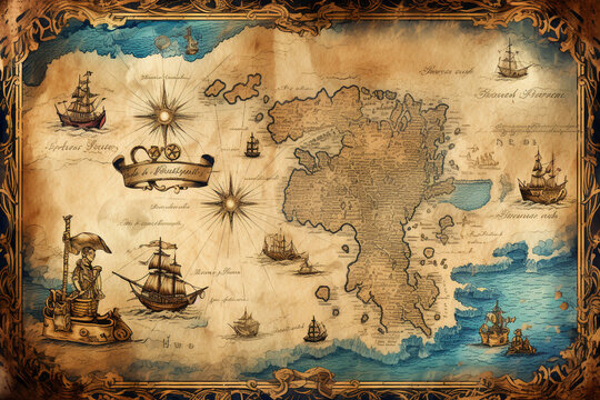 Antique pirate treasure map. AI generated.