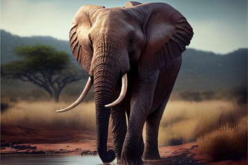 AI generated illustration of an African elephant standing in a natural habitat next to a lake