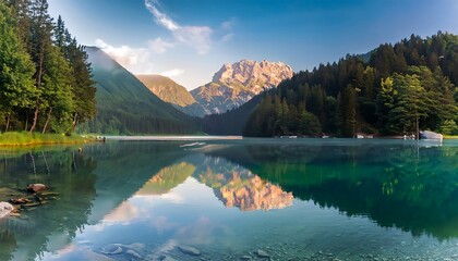 A great view of Calm morning view of Fusine Lake Colorful summer sunrise in the Julian Alps with Mangart