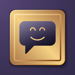 Purple Smile face icon isolated on purple background. Smiling emoticon. Happy smiley chat symbol. Gold square button. Vector