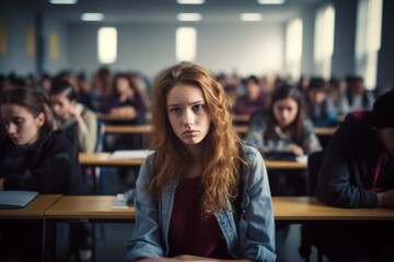 Female student bored sleepy Caucasian woman tired sad stressed girl in class teen pupil teenager lady in university high school college classroom during lesson boredom lecture education study learning