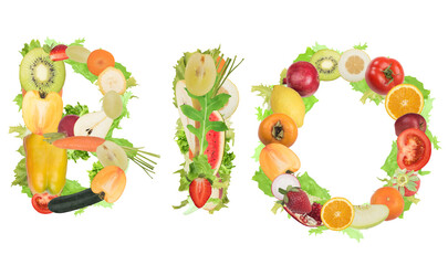 Fruits and vegetables form the word bio. Healthy food for wellness concept