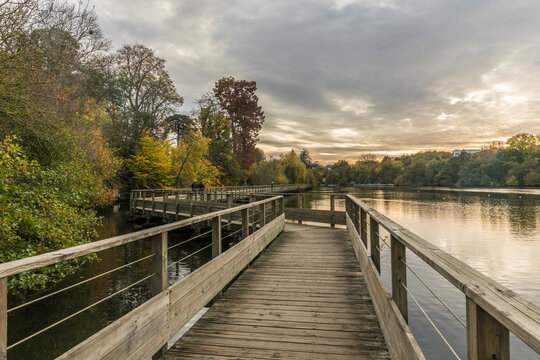 Footbridge on the Erdre river in autumn (Nantes, France)