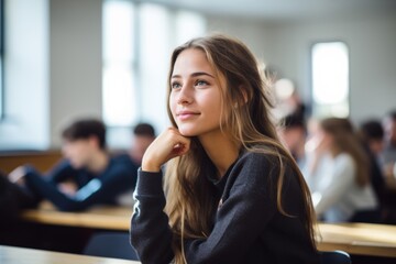 Female student young woman girl at table sit in class university high school college classroom during lesson lecture education studies study learning listening teacher professor teen pupil knowledge - obrazy, fototapety, plakaty