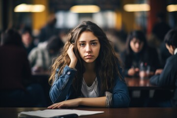 Fototapeta Female student bored sleepy Caucasian woman tired sad stressed girl in class teen pupil teenager lady in university high school college classroom during lesson boredom lecture education study learning obraz