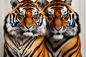 Portrait of two tigers in fashion magazine style. Generative AI